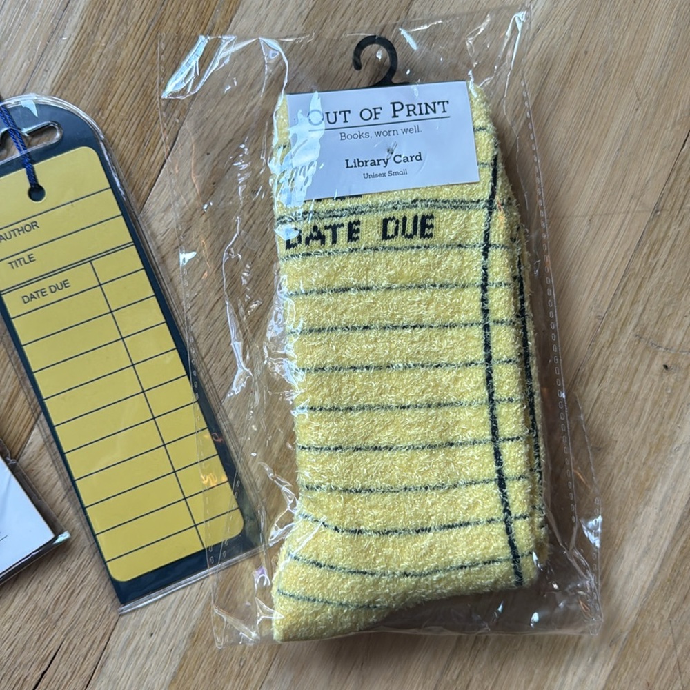 NWT bundle of 3- Out of Print -Yellow Library Card Socks, Enamel Pins & Bookmark - Picture 2 of 9